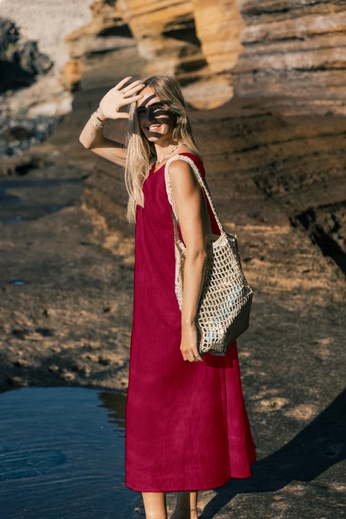SUNSET — Sleeveless V-Neck Linen Midi Dress