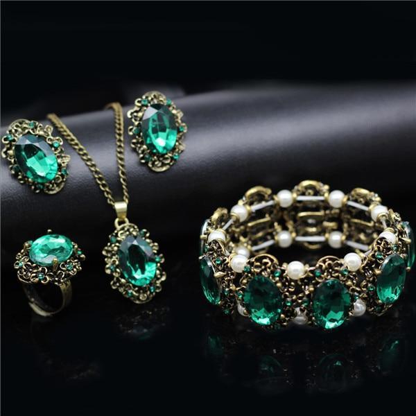 Conjunto Cristal Colar Brincos Pulseira e Anéis de Bronze Antigo