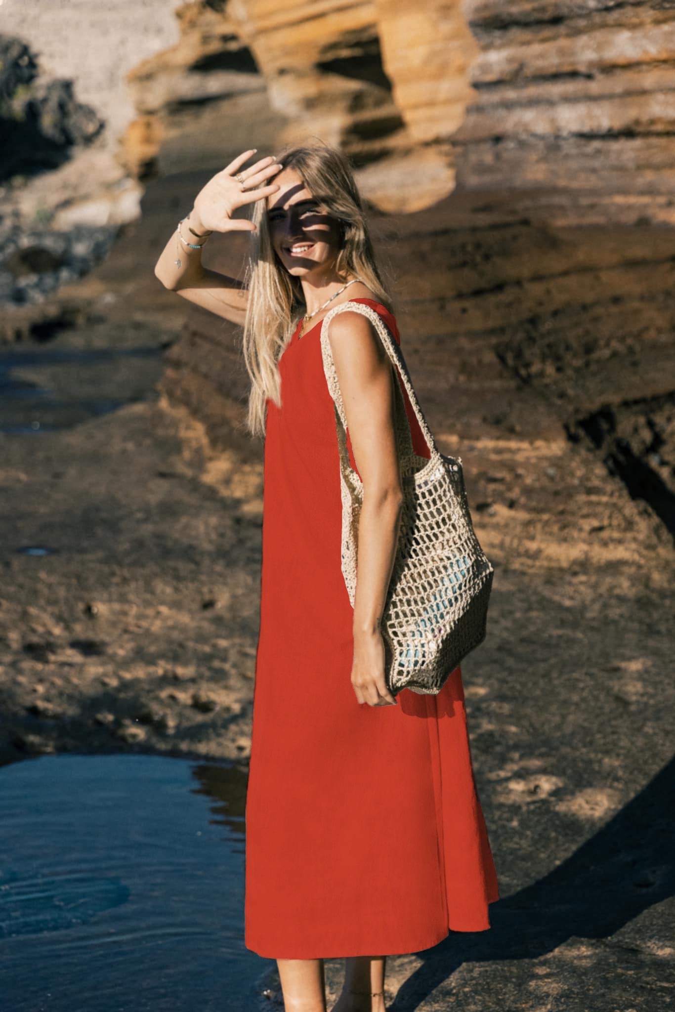 SUNSET — Sleeveless V-Neck Linen Midi Dress