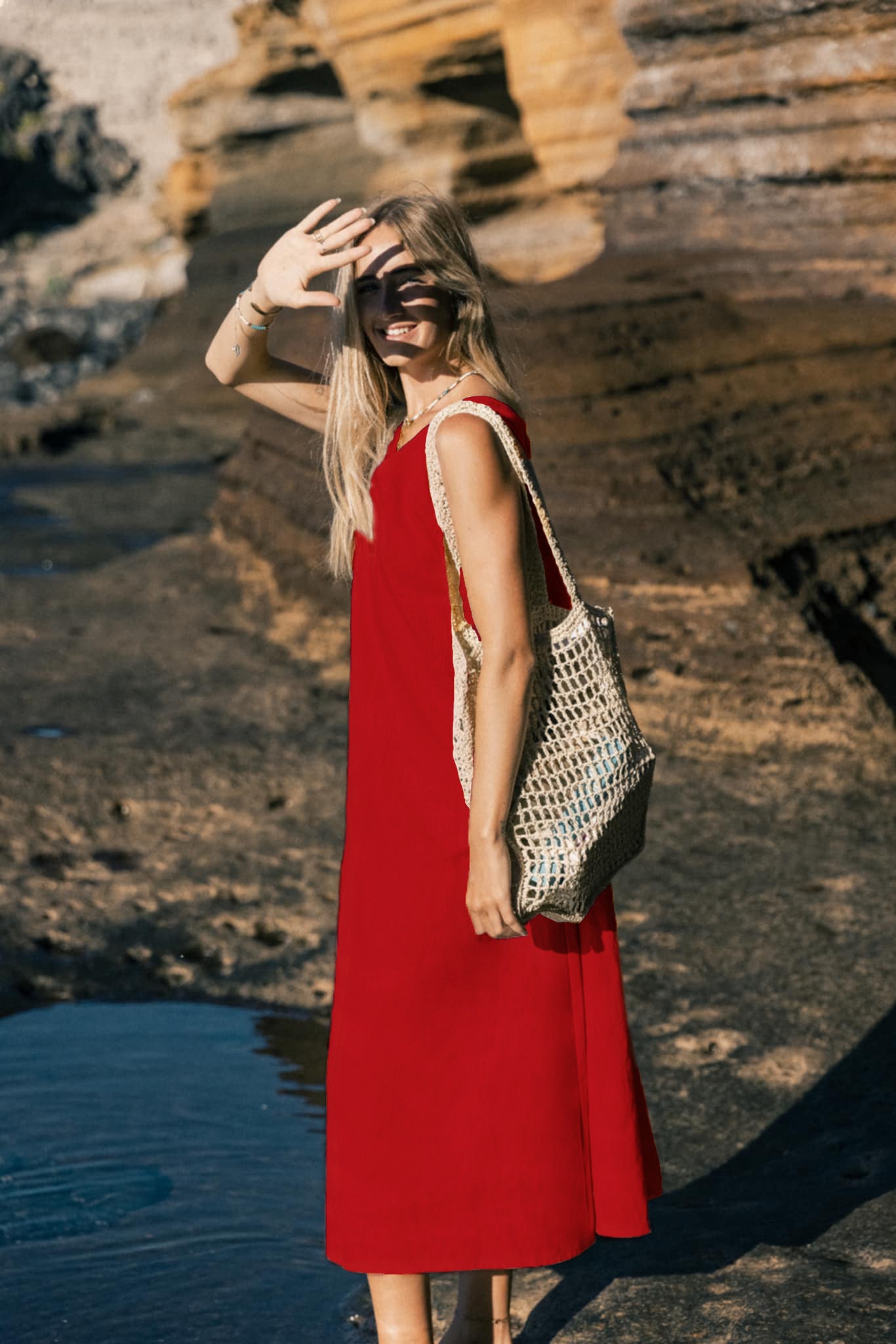 SUNSET — Sleeveless V-Neck Linen Midi Dress