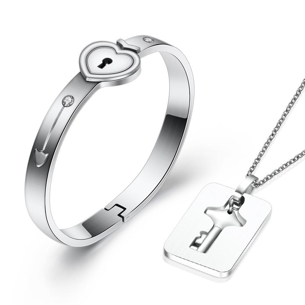 Bracelete e Colar Amor Do Coração em Aço Inoxidável